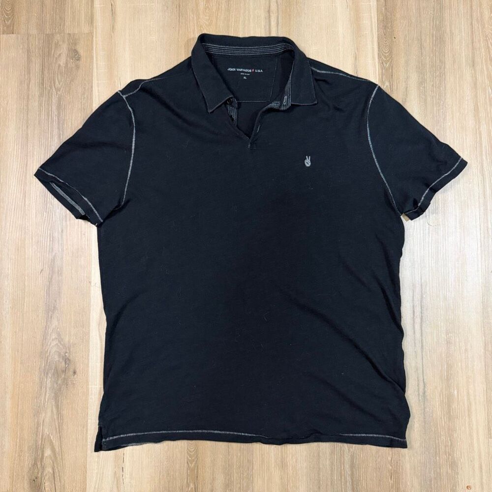 John Varvatos USA Peace Sign Embroidered Black Polo Shirt Sz XL Indie Sleaze Alt